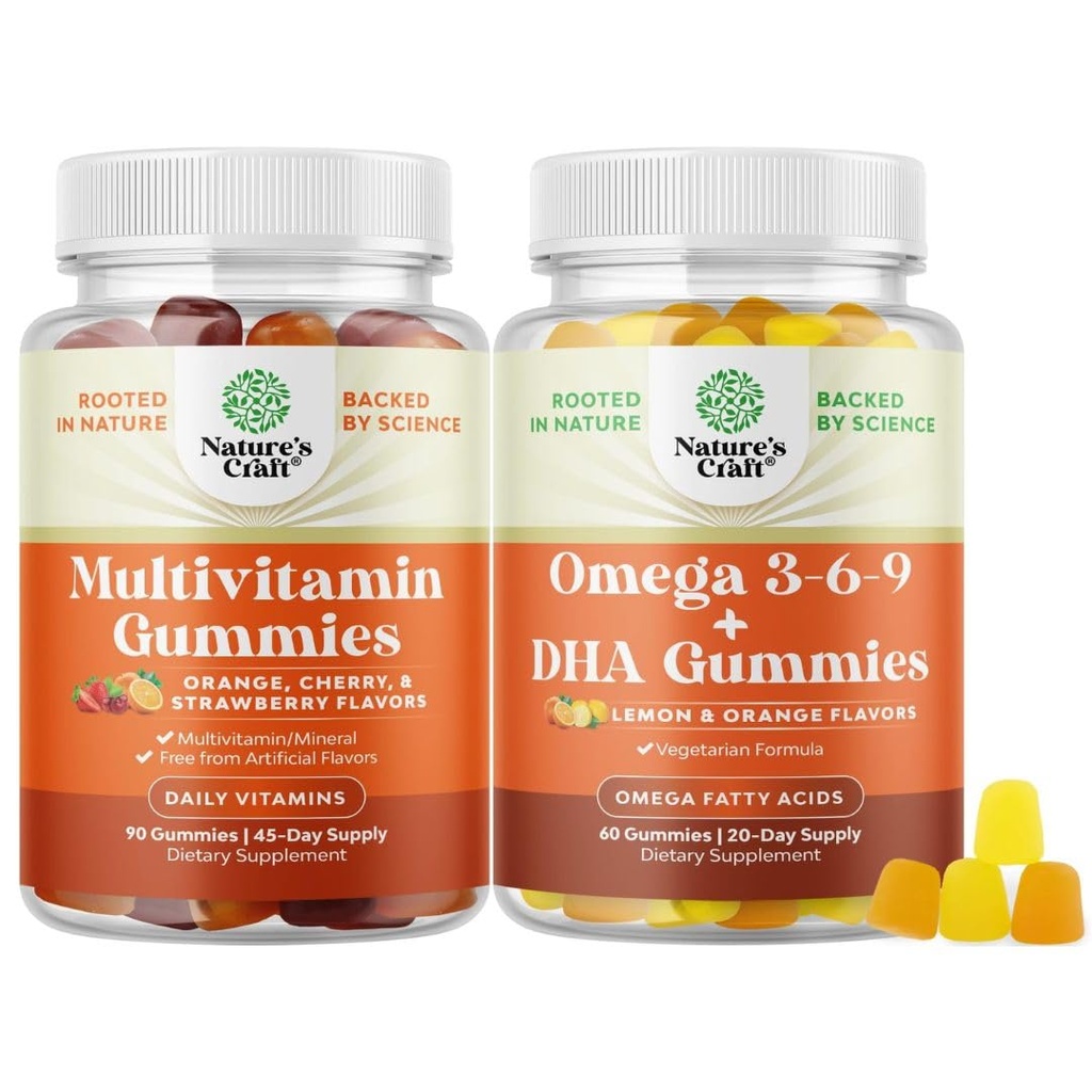 Bundel van Multivitamine Gummies - Halal Multivitamine Gummy met B12 Biotin Zink & Vitamine D en Vegetarische Omega 3 6 9 DHA Gummies voor Hersen Bone Heart Health en gezamenlijke ondersteuning - Burpless Fish Free