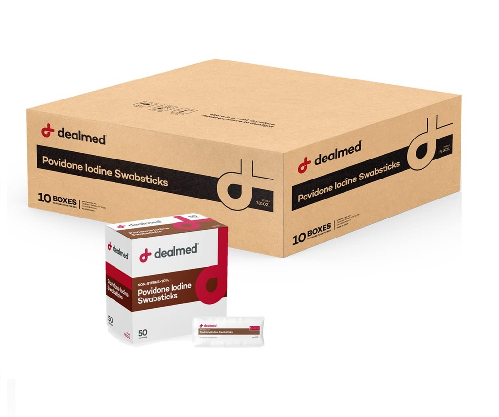 Offred Povidone Iodine 10% Swabsticks - Packets scellés individuellement parfait pour l'entretien des blessures et les trousses de premiers soins portables, 50/Box (cas de 10)