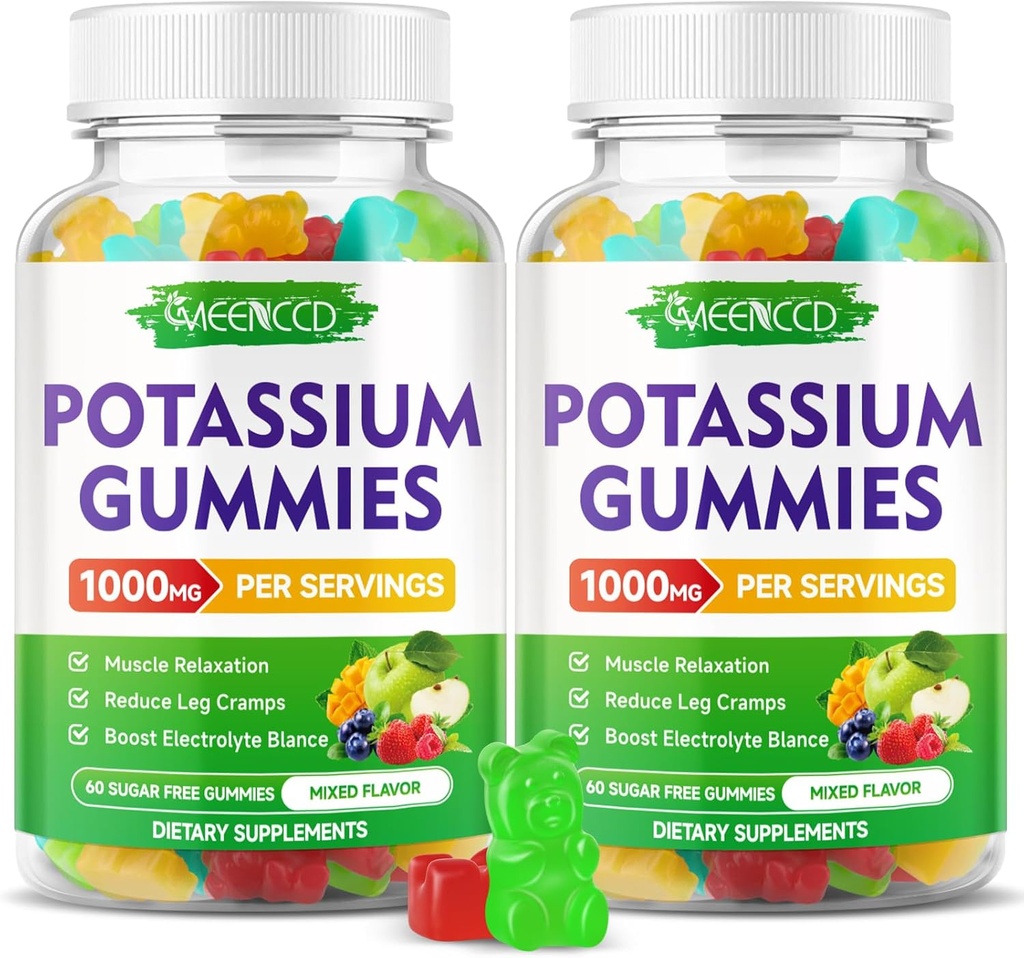Kalium citraat Gummies 1000mg, Hoge Potency Kalium Supplement Gummies voor Volwassenen Vrouwen en Mannen, Ondersteuning Leg Cramps & Muscle Health, Sugar-Free, Mixfed Fruit Smaak, 120 Tellen