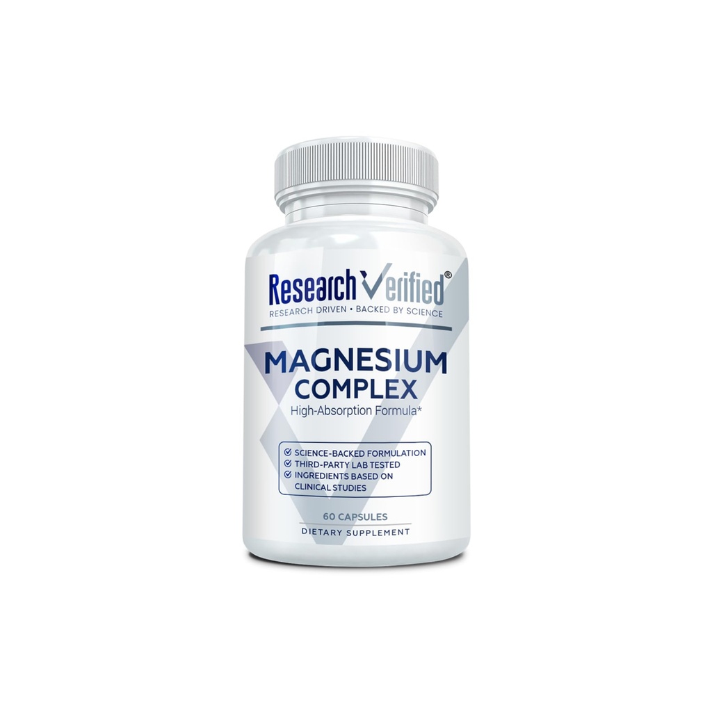 Onderzoek Geverifieerde Magnesium Complex - Hersenen, Spieren en Zenuwen Ondersteuning - Magnesium Bisglycinaat, Malaat, Citraat, en Oxide - Bioperine - Vegan - 60 Capsules - Verpakking van 1