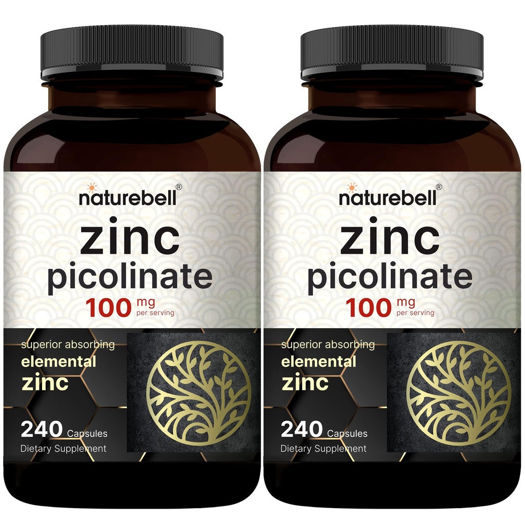 2 packs Zinc 100mg, supplément de picolinate de zinc, 480 capsules, vitamine de zinc et vitamines immunitaires pour la fonction enzymatique et le soutien immunitaire, non-OGM et fabriqués aux États-Unis