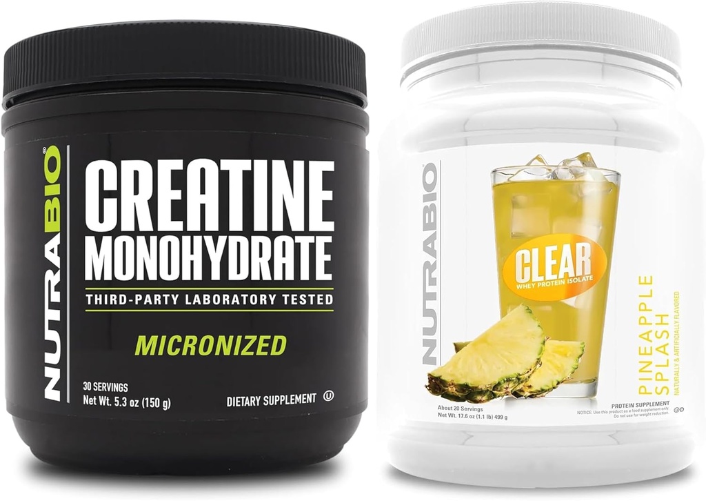 NutraBio Creatine Monohydraat, Unflavored, (150 g) en Clear Whey Protein Isolate, (Pineapple Splash) Supplement Bundle 