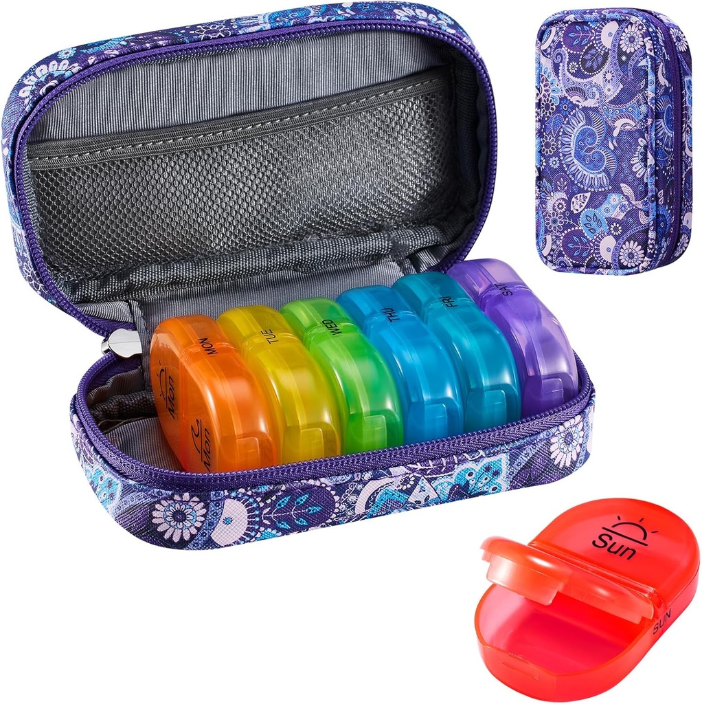 Serfeymi Weekly Travel Pill Organizer 2 keer Een dag AM PM Geüpgraded Regenboog Pill Box 7 dag met draagbare Zipper PU lederen pil Case, Medicine Organisator voor pillen, Vitaminen, Visolie - Paars-01