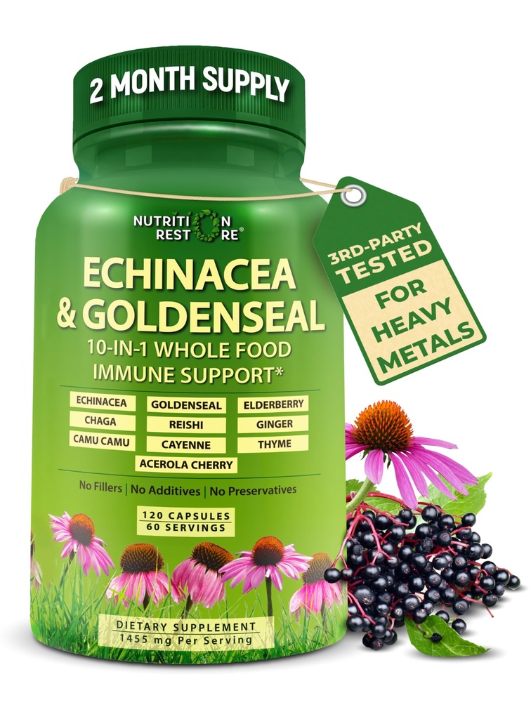 Echinacea Capsules de seaux d'or - Supplément de soutien immunitaire de 10 en 1 - 1455mg - Supplément de capsules d'echinacea végétaliens fabriqués avec des aliments entiers biologiques - Soutien du système immunitaire à base de plantes - 2 mois d'approvisionnement