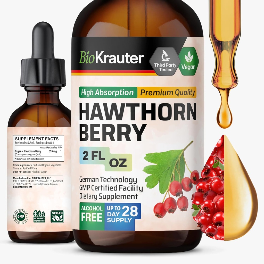 BIO KRAUTER® Hawthorne Berry Supplement - Pure Vegan Hawthorn Berry Liquid Drops 655 mg per portie 2 Fl.Oz 28 Days of Supply - Gebruikt voor algemene ondersteuning en dagelijkse wellness - Alcohol en suikervrij
