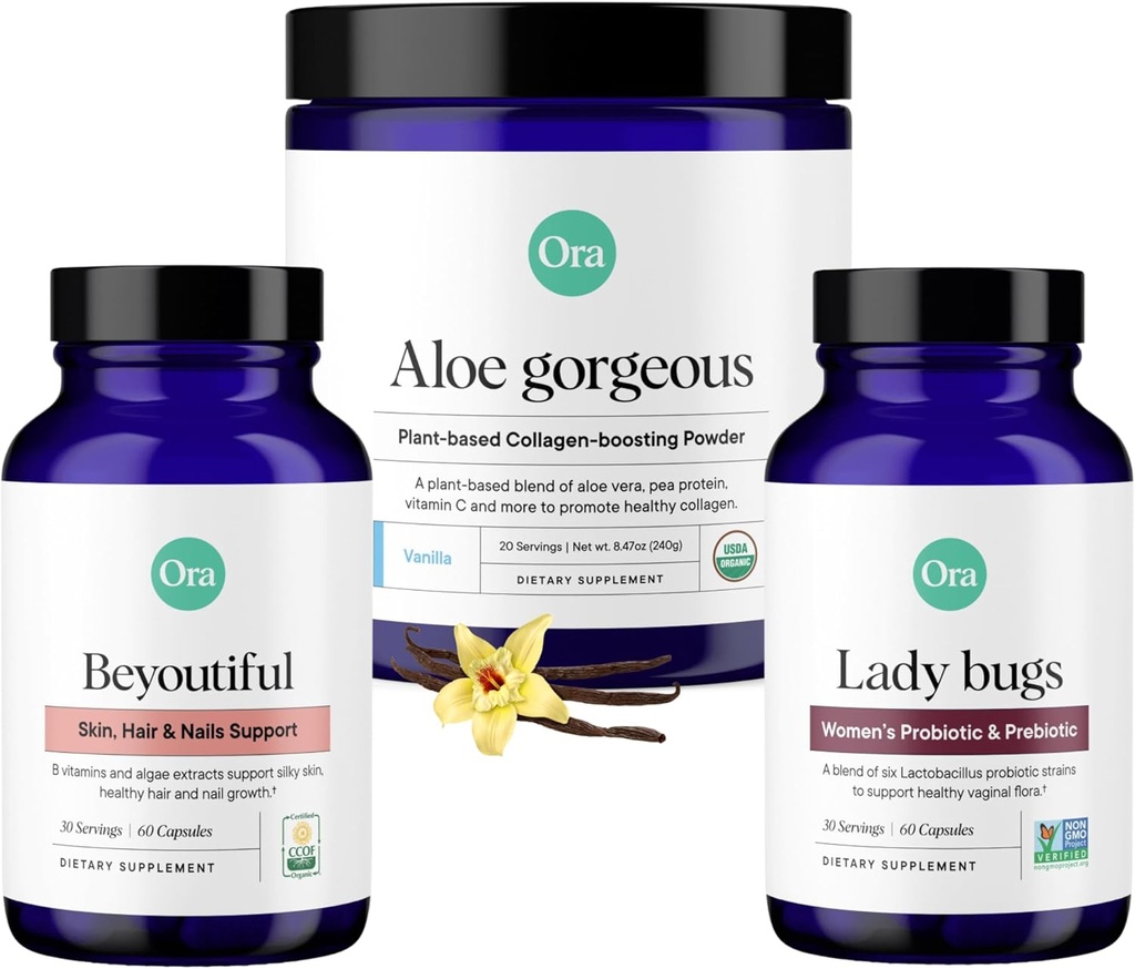 Ora Organic Vegan Collagen, Probiotica, Prebiotica & BeYouTiful Bundle: Aloë Vera - Vanilla Flavor, 20 Servers + 60 Vegan Probiotic Capsules + Haar, Huid, & Nails Ondersteuning, 60 Vegan Capsules