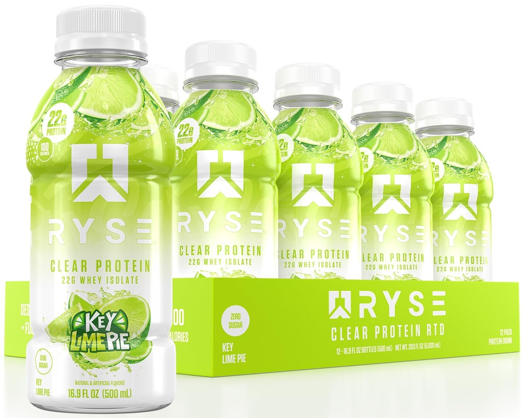 RYSE Clear Proteine Drink - Key Lime Pie - 100 Calorieën, 22g Wei Isolaat Proteïne Shake, Sugar-Free, 0g Vet & Lactose-Free - Verfrissende Ready-to-Drink Drank Drank - 16,9 floz Flessen (12-Pack)