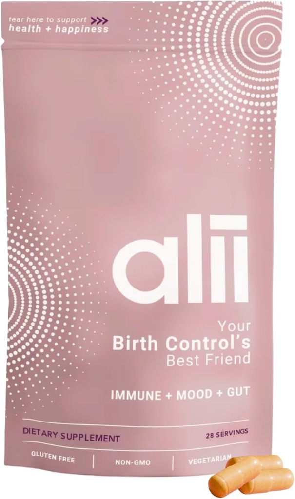Alii, beste vriend van je geboortebeperking, supplement voor vrouwen, proactieve verlichting van bijwerkingen van hormonale geboortebeperking, steun energie + darm, 14 voedingsstoffen, 28 porties