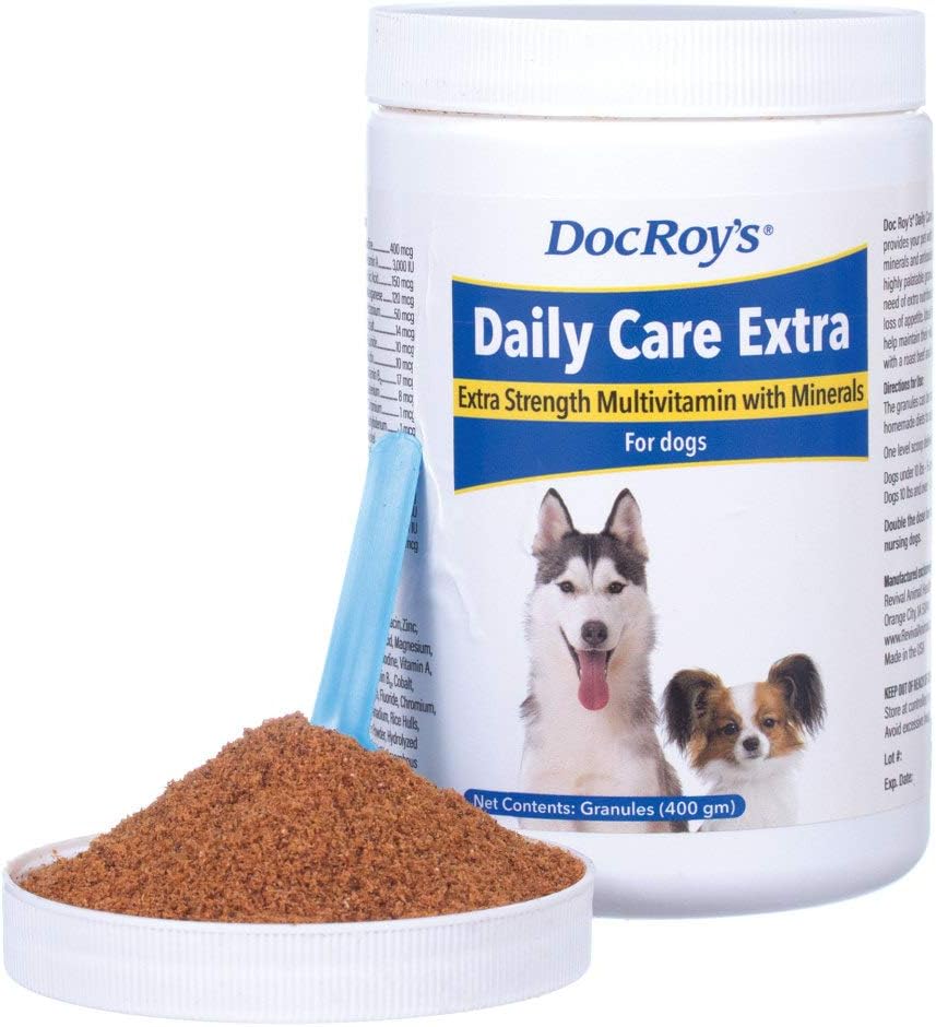 Doc Roy's dagelijkse zorg Extra, Geavanceerde Multivitamine voor honden, Ondersteunt Energie, Immune, Spier, Bot en Hersengezondheid, Biedt Vitaminen A C D3 E B Complex, IJzer Zink Magnesium Jodium, Made in USA 400 gm