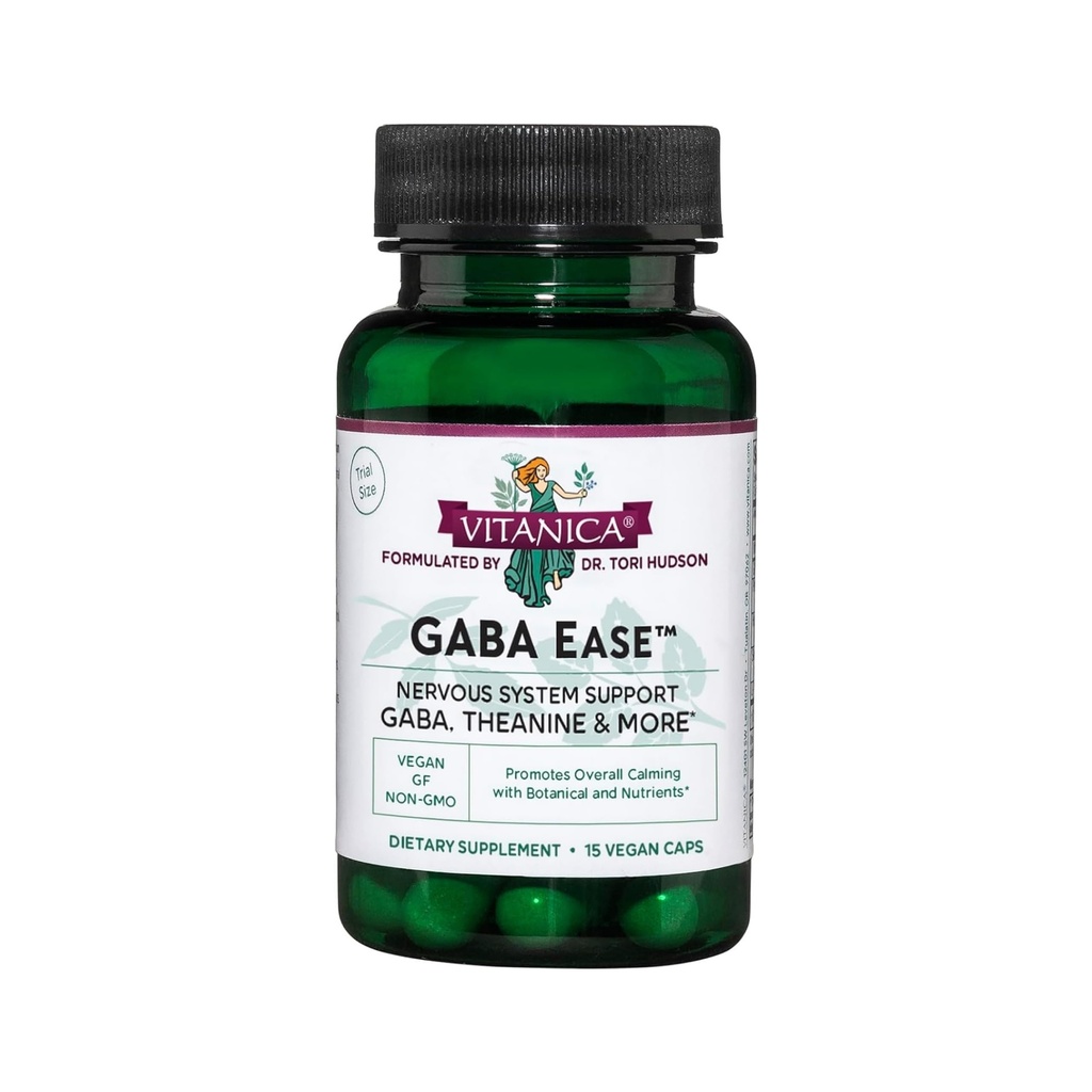 Vitanica GABA Ease - Supplément GABA & L-Theanine pour la détente et le calme - Supplément santé des femmes avec GABA, Passionflower, Hop, Skullcap & L-Theanine - Ligne de consommation - 15 Caps végétaliens