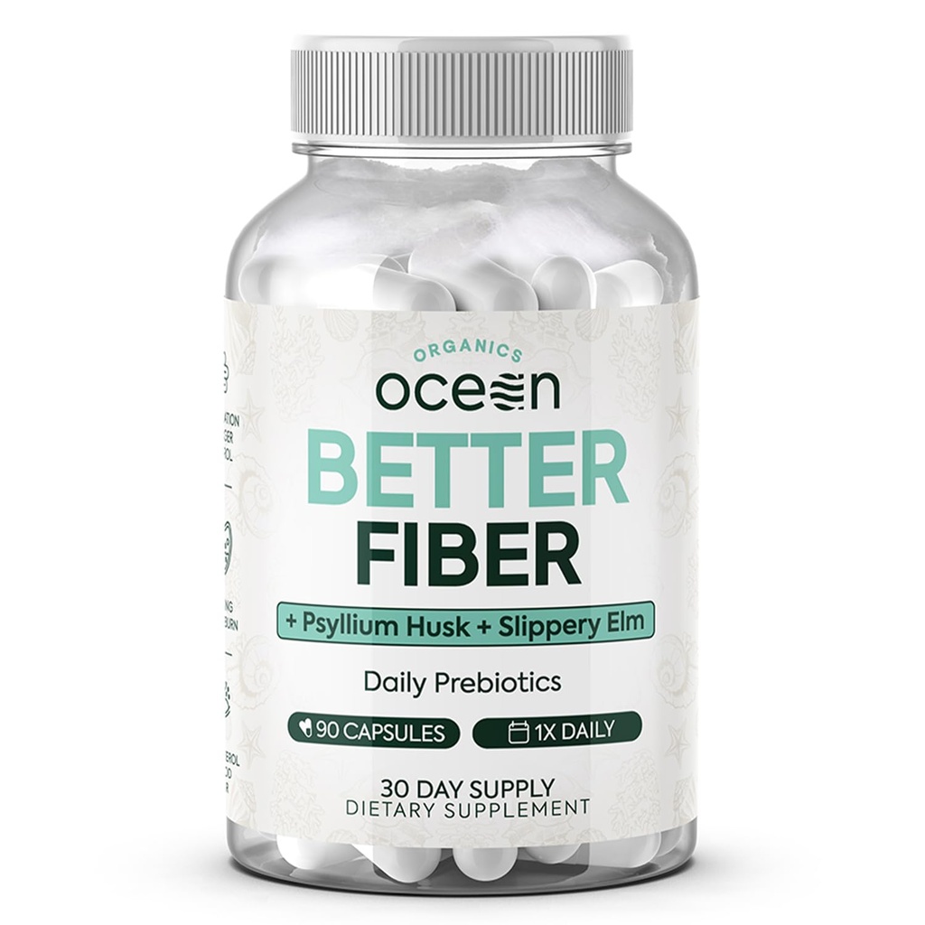 Organics Ocean Better Fiber - Daily Fiber Supplement - Softten Stool for Moeiteless Bowel Movements - met Psyllium Hulk en Slippery Elm - 90 capsules