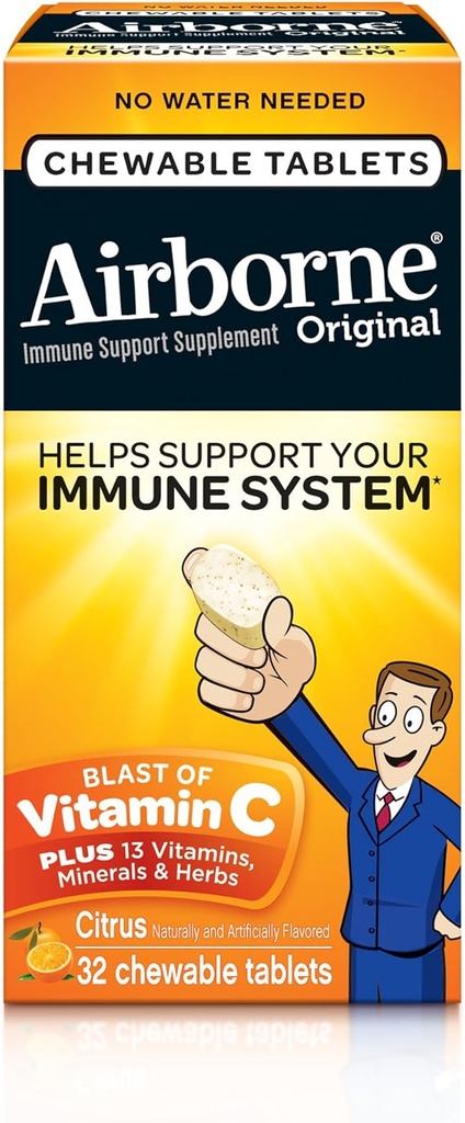 Airborne 1000mg Vitamin C Chewable Tablets with Zinc, Immune Support Supplement with Powerful Antioxidants Vitamins A C & E - 32 Chewable Tablets, Citrus Flavor