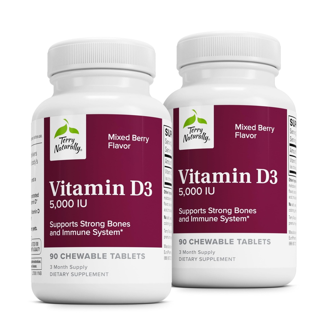 Terry natuurlijk vitamine D3 - Bone Health & Bone Sterkte Support Supplement - Immuunsysteem & Hersenondersteuning - 5.000 IE vitamine D tabletten met gemengde Berry Flavor - 90 kauwtabletten (verpakking van 2)