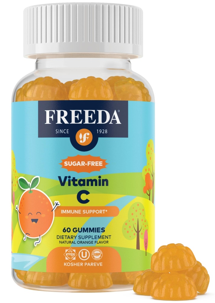 FREADA Vitamine C Gummies Vitamine C enfants - Enfants sans sucre VIT C Gummy Chewable pour adultes, adolescents et enfants - Certifié Kosher, Delicious Orange Flavor, Zero Sugar Immune Support Supplément (60 Ct)