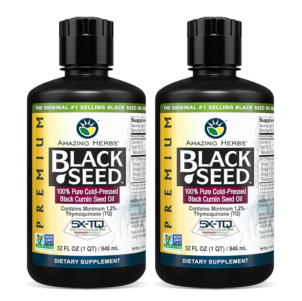 Verbazingwekkende kruiden Premium Black Seed Oil - Cold Pressed Nigella Sativa Aids in Digestive Health, Immune Support, Hersenfunctie, Gezamenlijke Mobiliteit, Glutenvrij, Niet GGO - 32 Fl Oz (pakket van 2)
