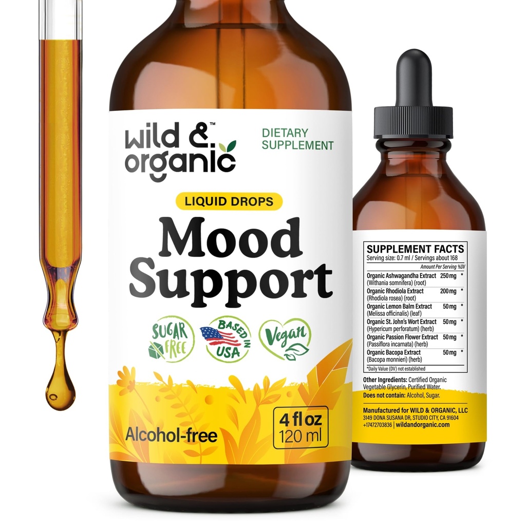 Wild & Organic Mood Support Supplement - Natural Liquid Drops for Positive Energy - Calm Mind Supplement for Women and Men - Non-Alcohol Ashwagandha & Rhodiola Rosea Root Tinctuur for Good Mood - 4 oz