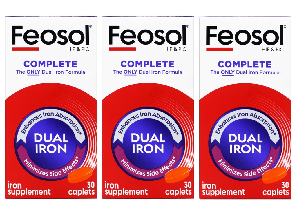 Feosol Bifera HIP & PIC Iron Supplement, compleet - 30 caplets, verpakking van 3