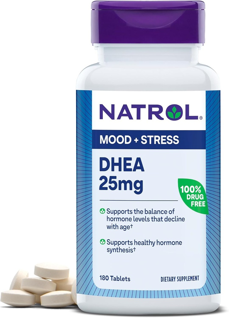 Natrol Mood & Stress DHEA 25mg met calcium, Dieetsupplement voor de Balance van bepaalde Hormone Level en Mood Support, 180 tabletten, 180 dagen levering
