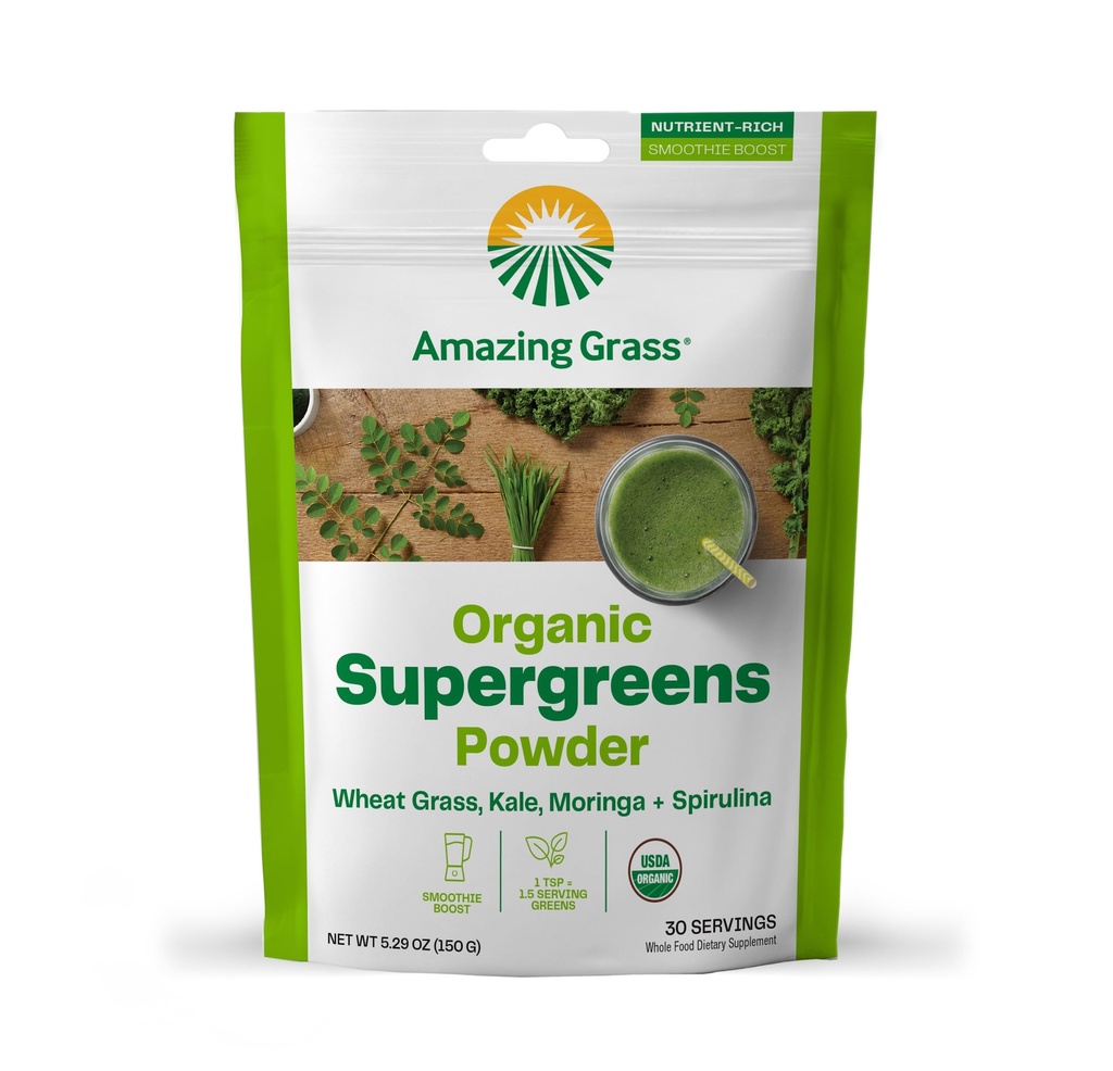 Verbazingwekkend gras Super Greens Booster: Greens Powder Smoothie Mix met Spirulina, Moringa, Tarwegras & Kale Smoothie Booster, Chlorofyl Providing Greens, 30 porties