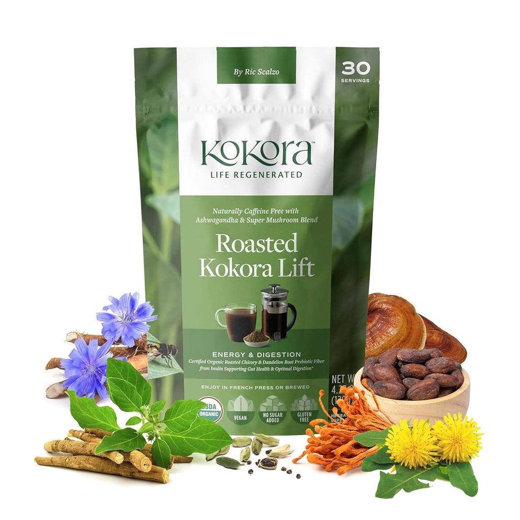Kokora - Geroosterde Kokora Lift - Dandelion, Chicory, Ashwagandha Wortelpoeder met Super Paddestoelen - Activeert en bevordert gezonde spijsvertering - Veganistisch, glutenvrij, zonder toegevoegde suiker - 30 porties - 120 g
