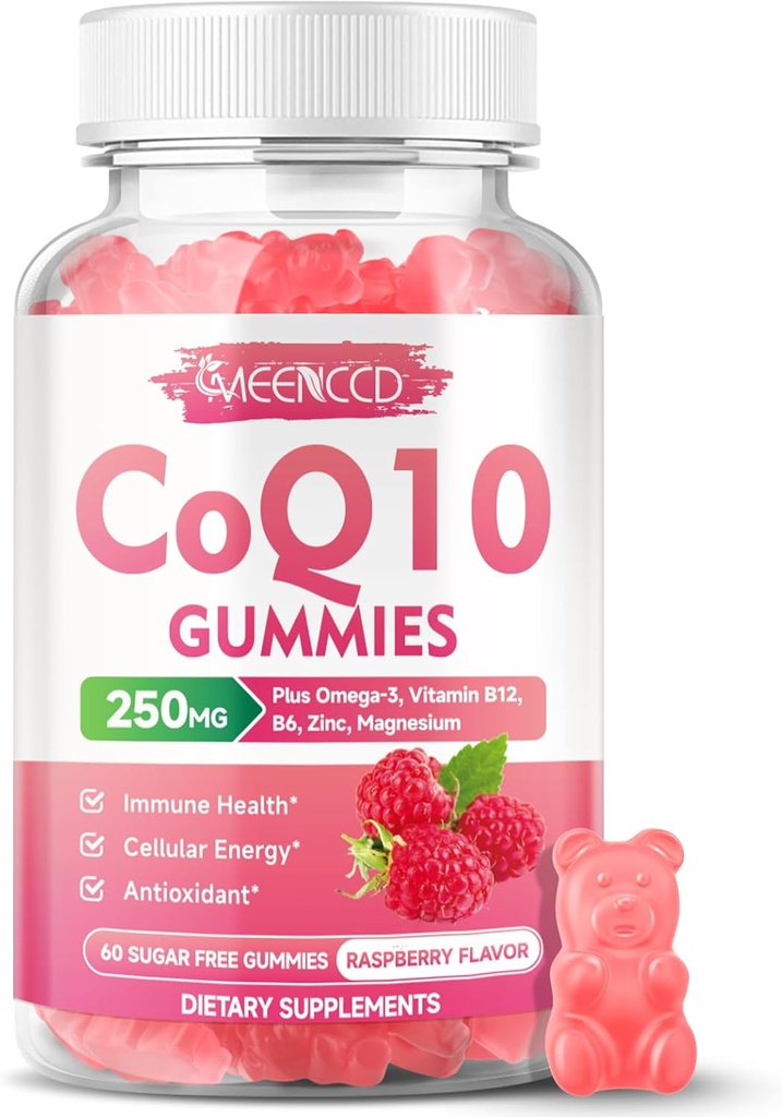 Suikervrije CoQ10 Gummies 250mg, Coenzym Q10 Supplementen Plus Omega-3, Vitamine B6 & Zink, Hoge Absorptie CoQ10 Supplement voor Cellulaire Energie & Antioxidant Ondersteuning, Raspberry Flavor, Vegan 60Cts