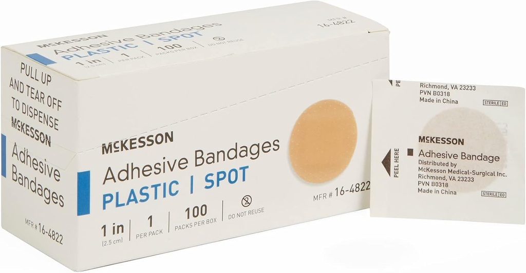 McKesson Adhesive Bandages, Sterile, Plastic Spot, 1 in, 100 Count, 24 Packs, 2400 Total