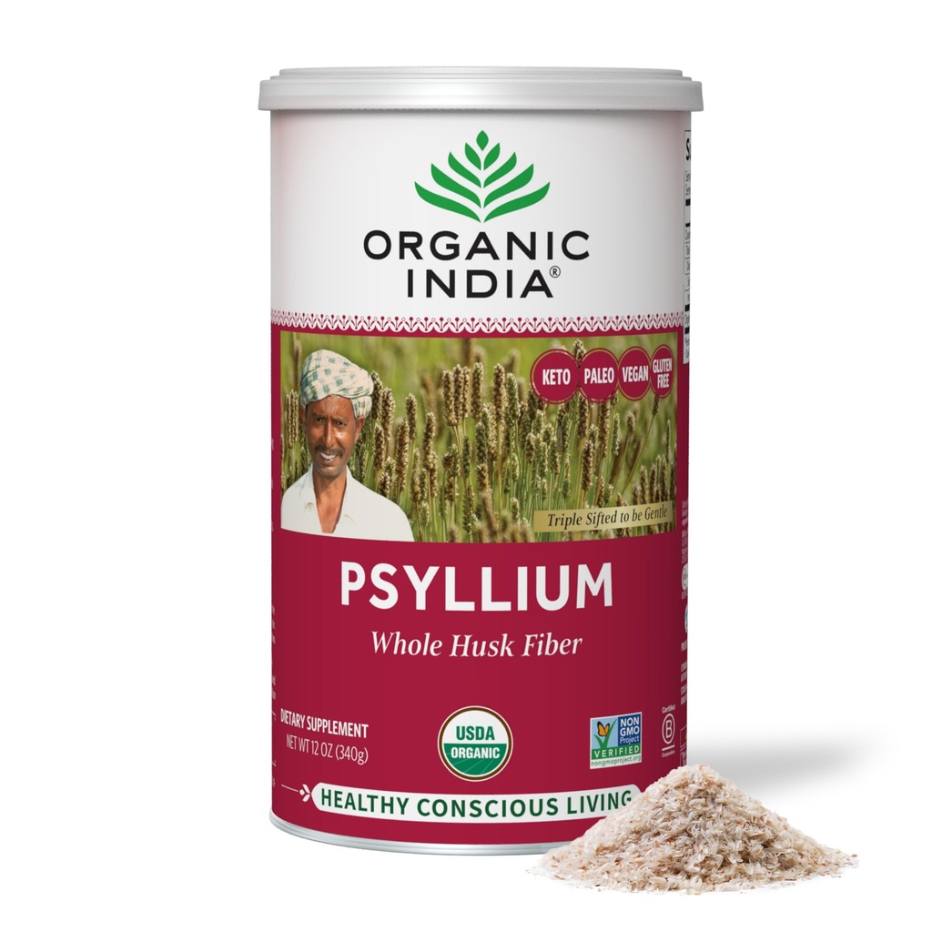 INDE ORGANIQUE Poudre de Psyllium à base de plantes - Supplément de fibre entière de musc, support de digestion, végétalien, sans gluten, USDA certifié biologique, non OGM, soluble et insoluble source de fibre - 12 oz