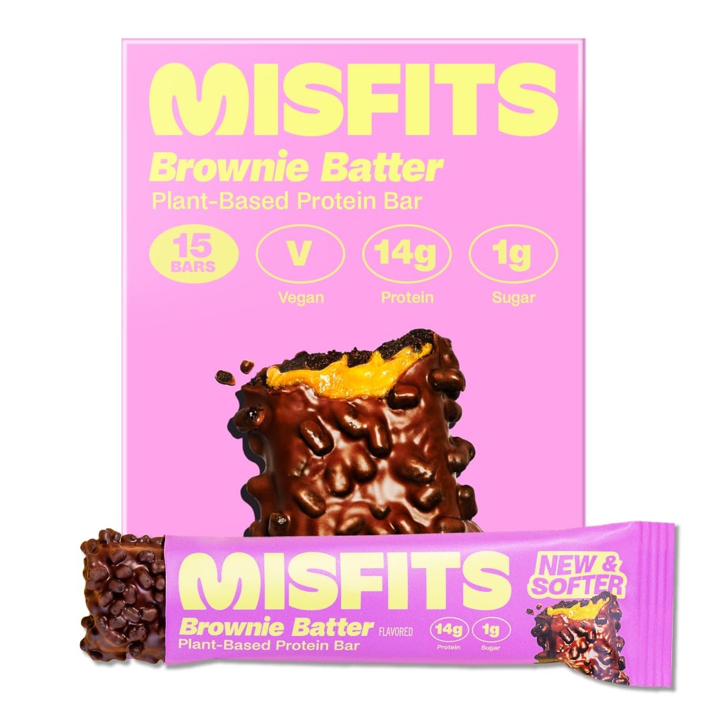 Misfits Vegan Protein Bars, Brownie Batter - Geactualiseerd Recept Gebaseerd op planten, lage suiker & Carb, hoge vezel snacks . Pack van 15