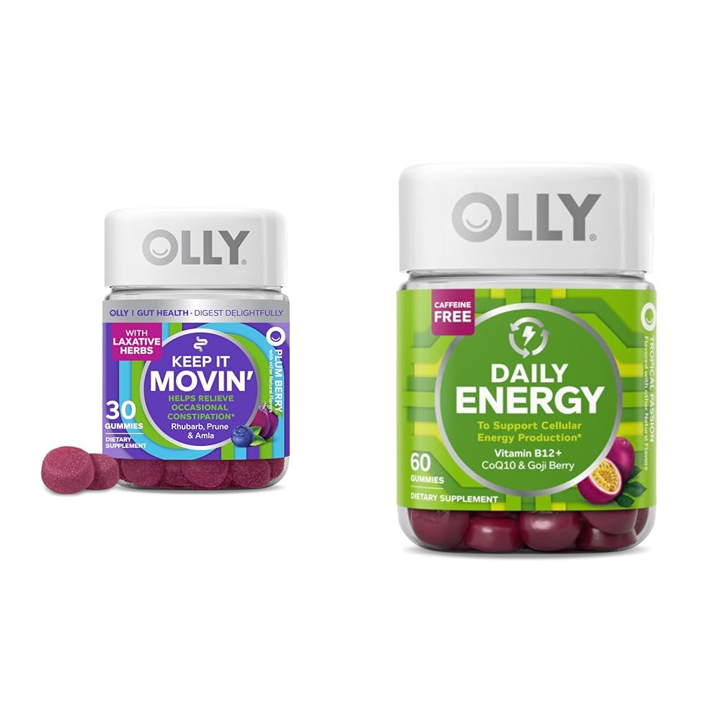 OLLY Constipatie Relief 30ct, Energy Gummy 60ct - Rabarber pruimen Amla Berry, B12 CoQ10 Goji Tropical