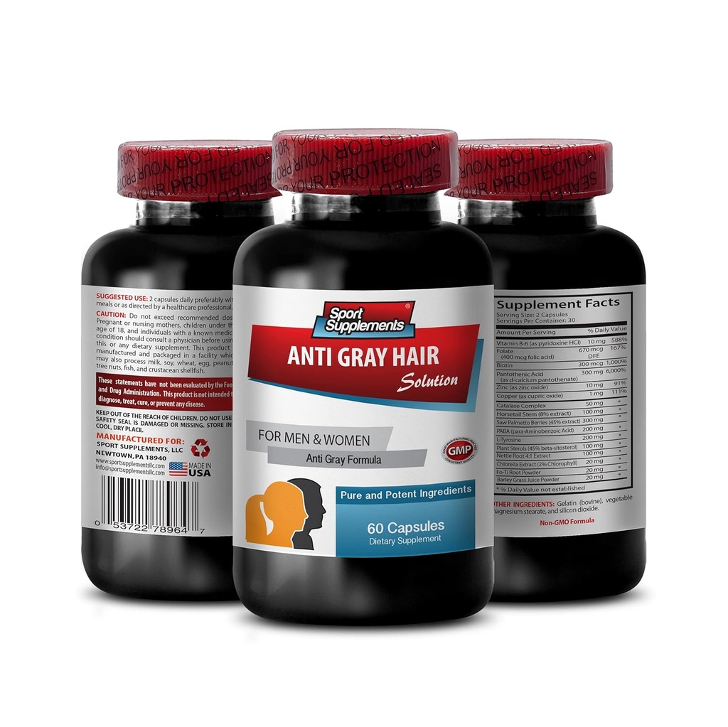 supplément pour la perte de cheveux pour les femmes - ANTI-GRAY HAIR SOLUTION - supplément de croissance de cheveux sans biotine a vu des pilules de palmetto pour les hommes, couleur naturelle des cheveux pour la couverture de cheveux gris pour les hommes 1 bouteille 60 Capsules