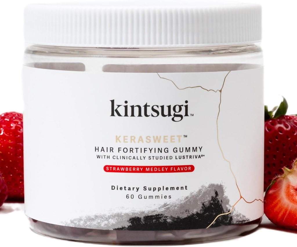 Kintsugi KeraSweet Hair Fortifying Gummy- Help Combat Signs of Aging Hair, Supplement for Strong, Volighting Strands- Ondersteunt gezond, Fuller Looking Hair w/ B12, Saw Palmetto, ACV (Strawberry, 60ct)