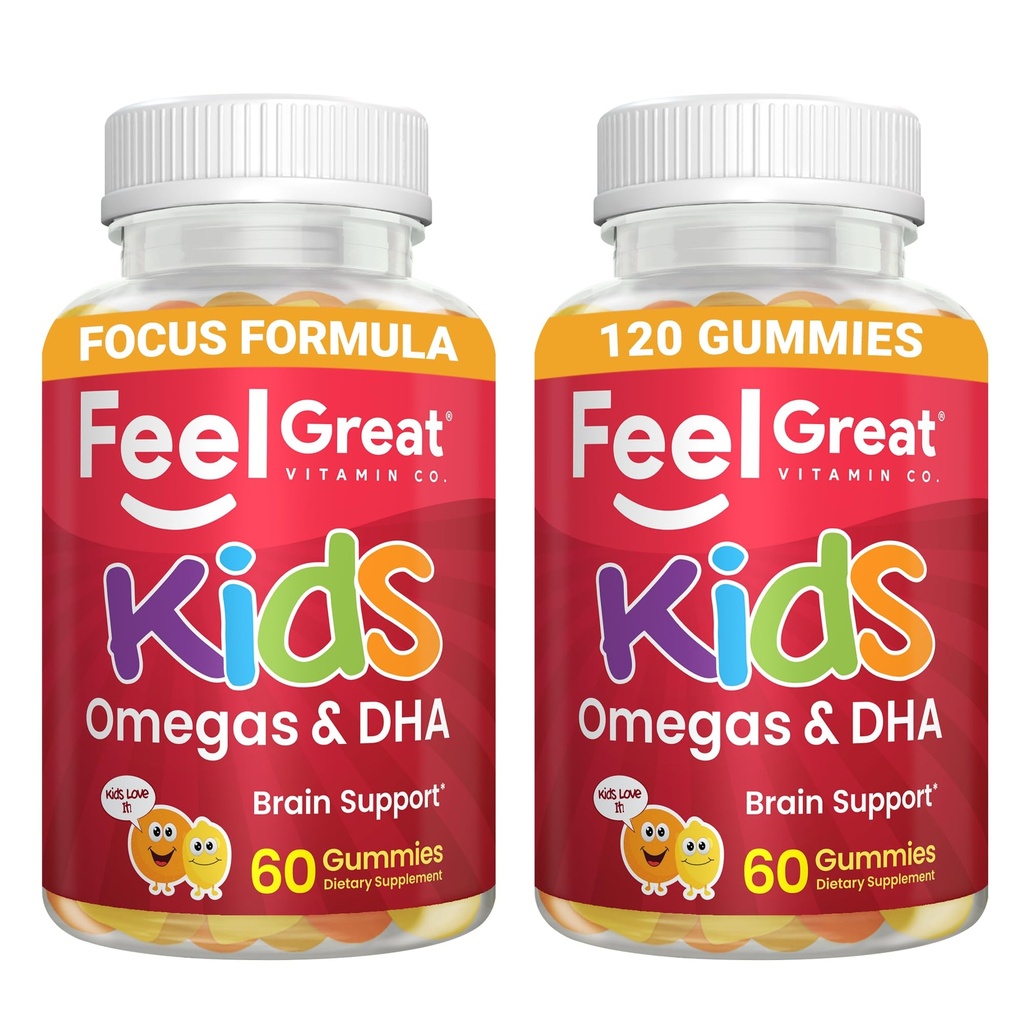 Voel Grote Vitaminen Kinderen DHA Gummies met Omega 3 6 9, Vitamine C (2-Pack) Ondersteunt Gezonde Hersenen Functie, Visie & Hart Gezondheid Glutenvrij, Vegetarische Gummies