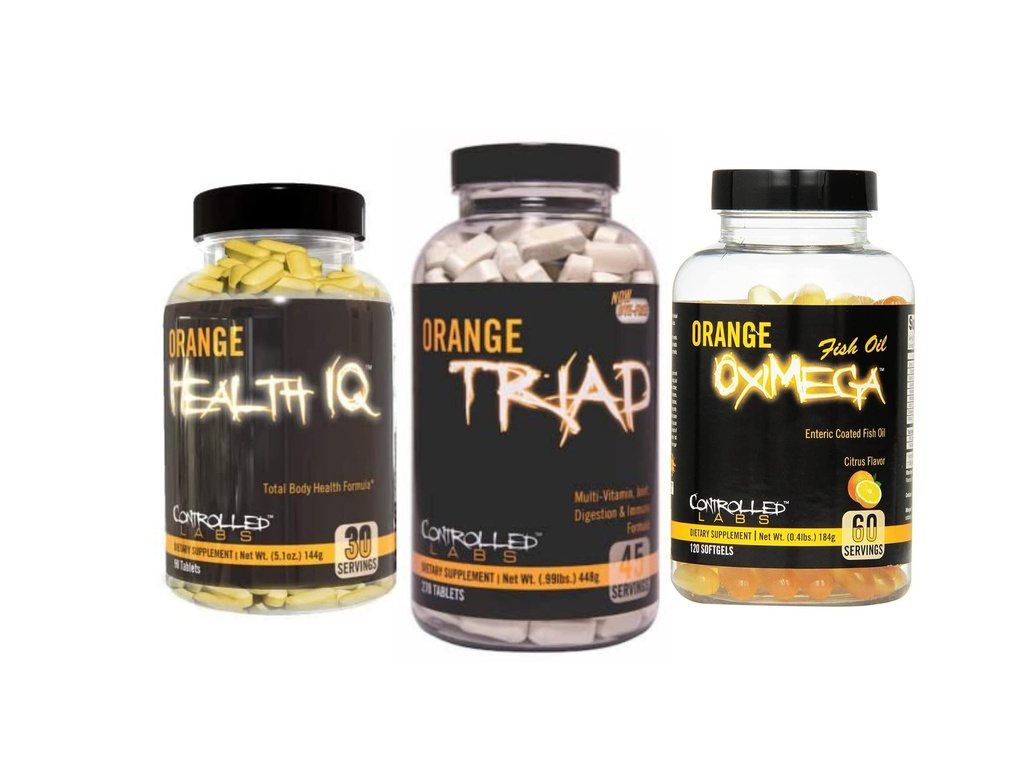 GECONTROLEERDE LABS Overall Health Bundle, 45 Serving Orange Triad, 90 Count Orange Health IQ, 120 Count Orange Oximega Fish Oil, Muscle Building and Recovery Supplement for Men and Women