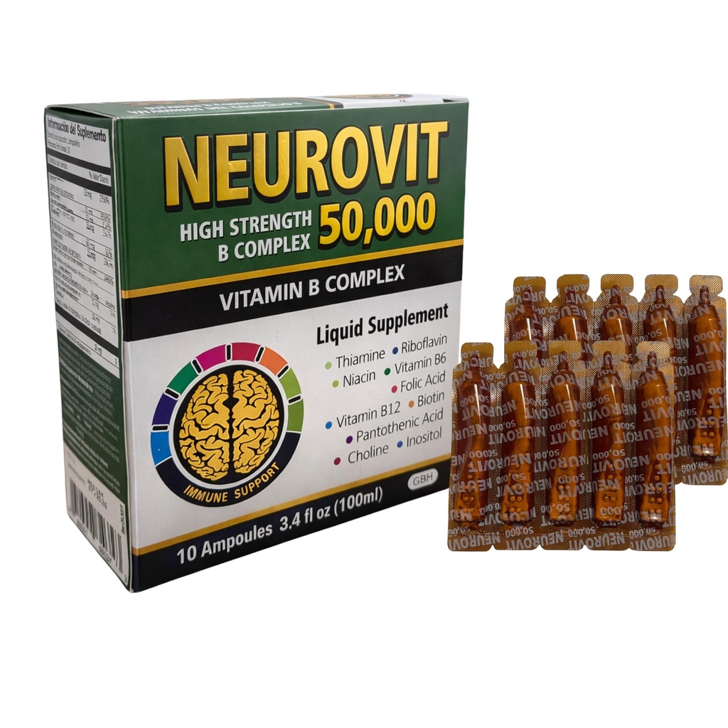 50.000 Vitamin B Complex Liquid Supplement, Hersenen & Zenuwstelsel Versterking, 10 Ampoules, 3,4 fl oz (100ml), Snelle Absorptie, Non-GMO, Glutenvrij