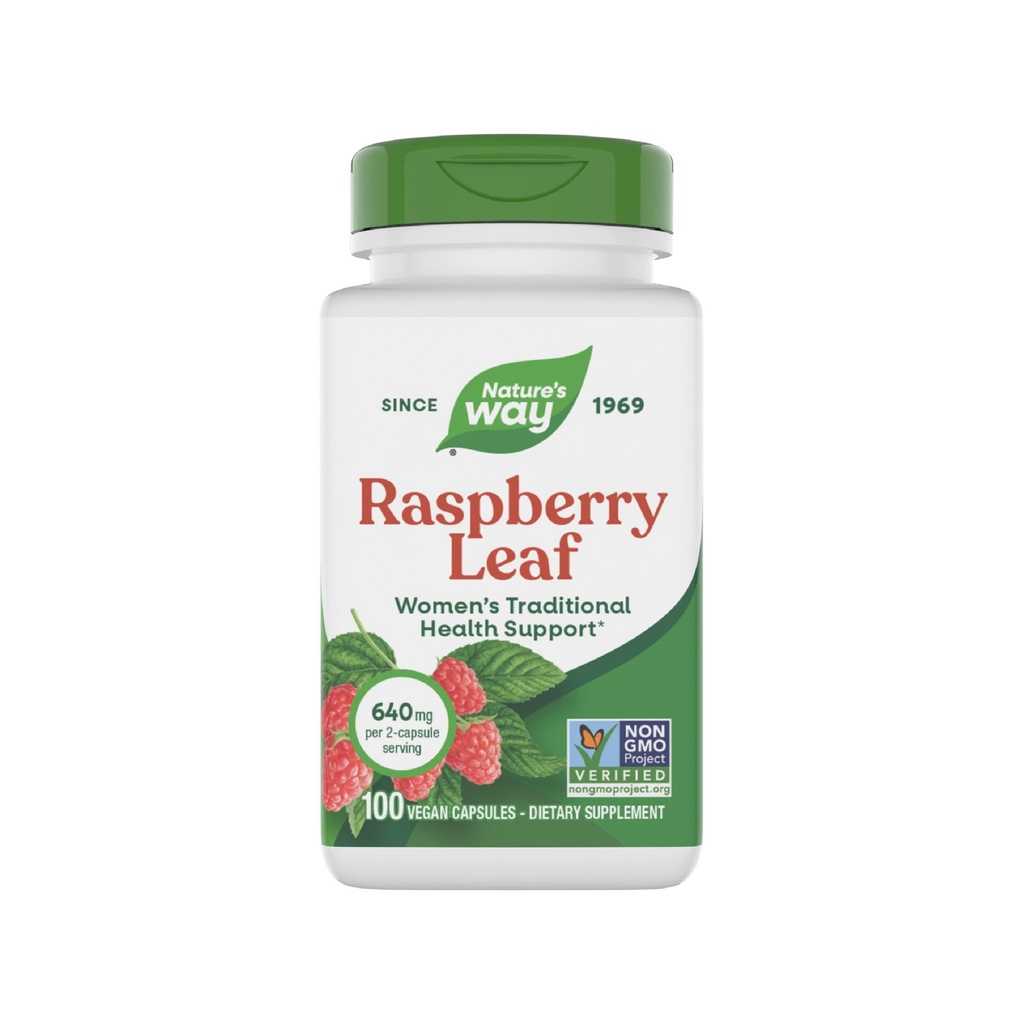 Nature's Way Raspberry Leaf, Traditionele Ondersteuning voor de gezondheid van vrouwen*, 640 mg per 2-Capsule Serving, Vegan, Non-GMO Project Geverifieerd, 100 Capsules (Verpakking mei Vary)