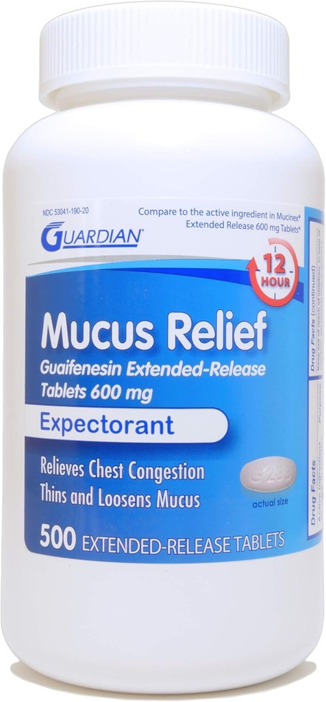 Guardian Mucus Relief, 600mg Guaifenesin 12 uur Uitgebreide Release, Borstcongestie Expectorant (500 Telfles)