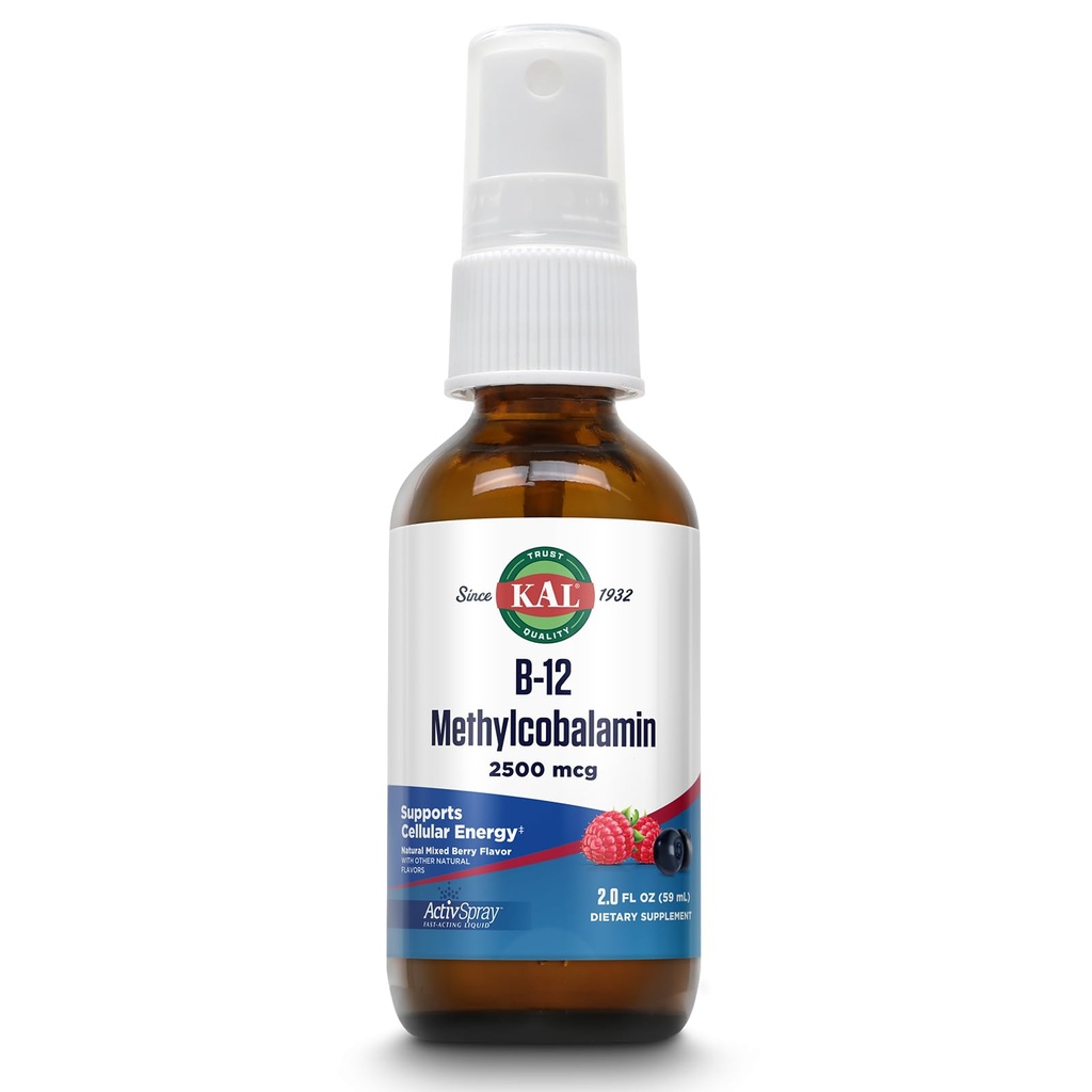 KAL Vitamine B12 Méthylcobalamine ActivSpray 2500mcg, Énergie saine, Métabolisme, Nerve et soutien des cellules sanguines rouges,* Liquide à action rapide B12, Absorption maximale, Saveur de baie naturelle, 80 portions, 2 fl oz