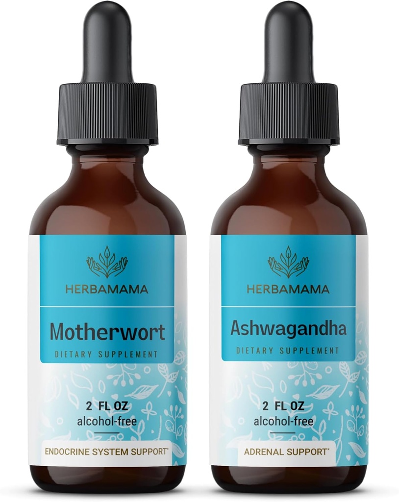 HERBAMAMA Herbal Liquid Drops Kit - Bundle of Motherwort Extract & Ashwagandha Tinctuur 2 fl oz - Vegan, Non-GMO, Sugar & Alcohol-Free - 2 Pack