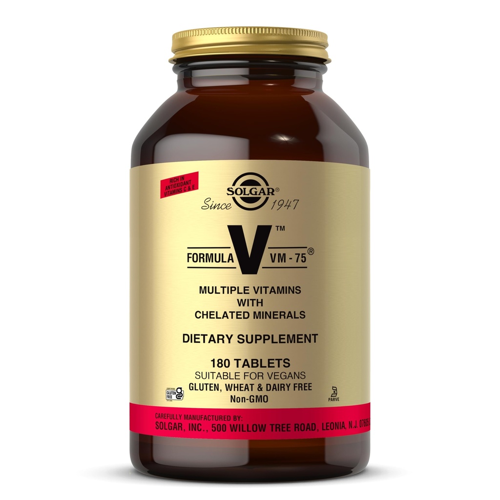 Solgar Formula VM-75, 180 tabletten - Multivitamine met gecheleerde mineralen - Vitamine A, B6, B12, C, D, E - Biotine, Magnesium, Calcium, IJzer, Zink - Veganistisch, Glutenvrij, Zuivelvrij, Kosher - 180 porties