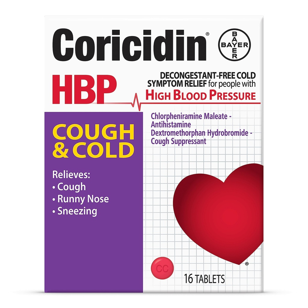 Coricidin HBP Decongestant-Free Cough en Cold Medicine - Speciaal ontworpen verlichting voor hoge bloeddruk, hoesten, Runny Neus, niezen en koude symptomen (tel.)