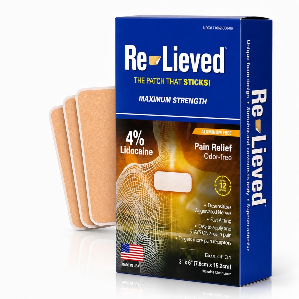 Vernieuwde 4% Lidocaïne Patches Maximale sterkte - Aluminium-vrij, waterbestendig en USA Made -Superior Sticking Pain Relief Patches Snel Verlicht Terug, gewrichten en spierpijn-3x6 Inches (31 Tellen)