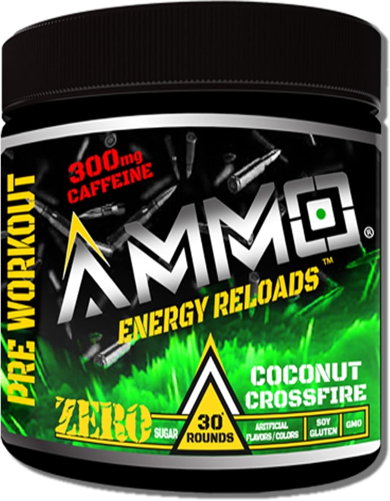 AMMO ® Energy ReloadsTM Pre Workout Powder - 300mg Cafeïne Zero Sugar Vitale Aminos en Elektrolyten Geen kunstmatige smaken of kleuren (Coconut Crossfire)