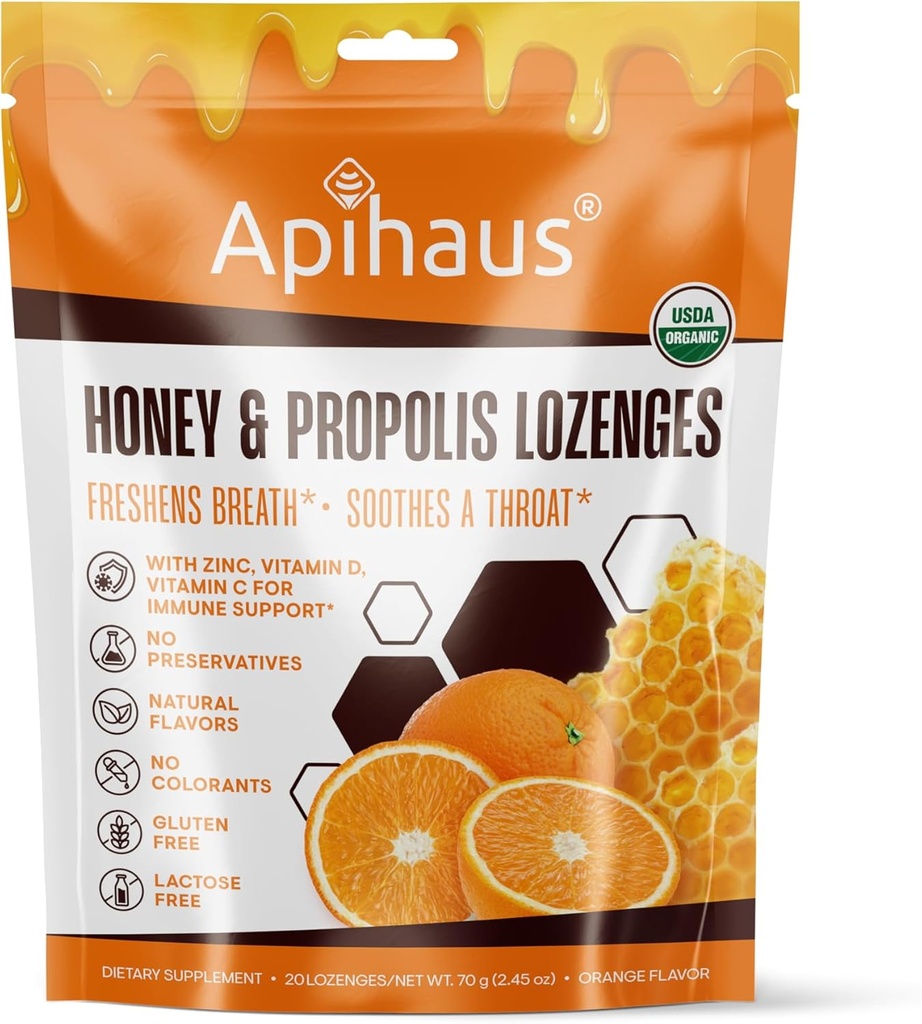Honing en Propolis Lozenges Oranje Smaak, Verfrist adem - Verzacht een keel- Immuun Ondersteuning met vitamine C, vitamine D en zink, 20 Tellen