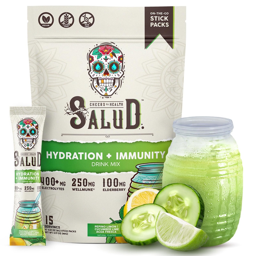 Salud 2-in-1 Hydration Packets + Immunity Electrolytes Powder, Cucumber Lime - Agua Fresca Drink Mix, Vlierbes, Dairy & Soy Free, Non-GMO, Gluten Free, Veganist, Low Calorie, 1g Sugar (15 Servers)