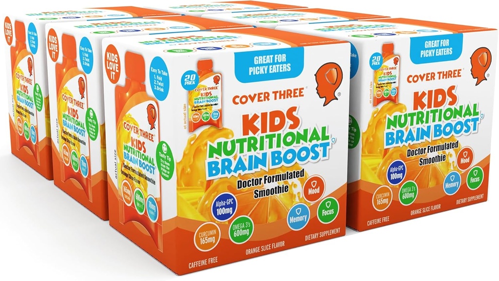 Hoes drie supplementen voor kinderen hersenen supplement Smoothie, Omega 3 vloeibare kinderen DHA visolie, gezondheid kinderen Focus en aandacht, emotionele ondersteuning, 20 zakken, Pack 6