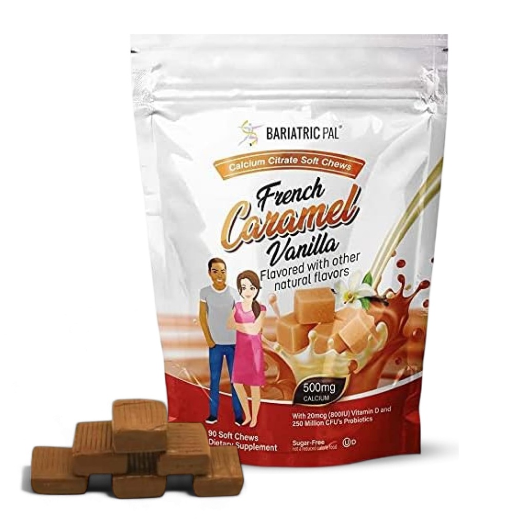 BariatricPal Calcium sans sucre Citrate doux Chews de 500mg avec vitamine D et probiotiques de Vanille Français Caramel de 90 Nombre (1 mois d'approvisionnement)