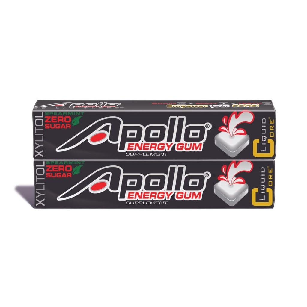 Gum Apollo Energy par cœur liquide – 80 mg de caféine naturelle par pièce - sans sucre, sans aspartame, Gum Xylitol - 5 pièces par paquet (2 paquets)