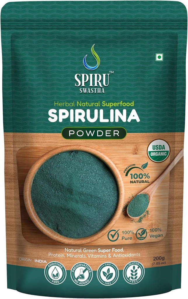 Organische Spirulinapoeder, 100% veganistisch, plantaardige natuurlijke voeding met eiwit, vitaminen, mineralen, niet-GMO, niet-straling, USDA gecertificeerd (200 Gram)