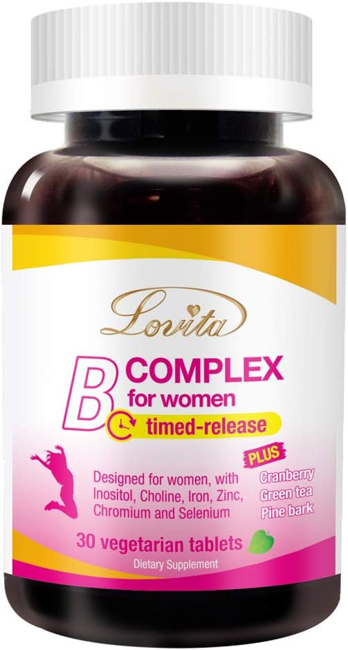 Lovita B Complex Supplement voor vrouwen - High Potency Timed Release met ijzer, vitamine C, Cranberry, Pine Bark, Green Tea, 30 Vegetarische tabletten