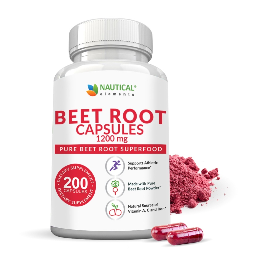 Beetwortelcapsules - 1200mg per portie - 200 Beetwortelpoedercapsules - Rode bietenpoeder Ondersteunt de bloeddruk, de atletische prestaties, decompensatio, het immuunsysteem (Pure, niet-GMO en glutenvrij)